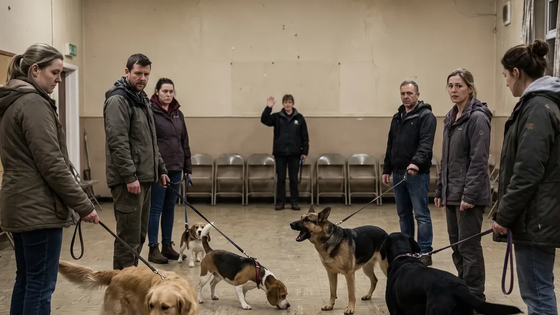 A crowded, impersonal group dog training class